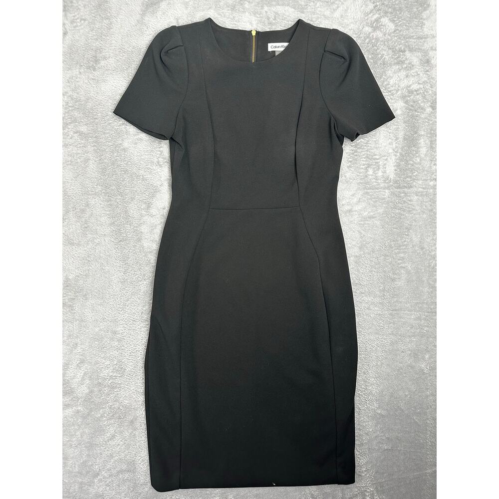 Calvin Klein Black Scuba Crepe Short Sleeve Sheath Dress LBD 90s Minimalist - 6
